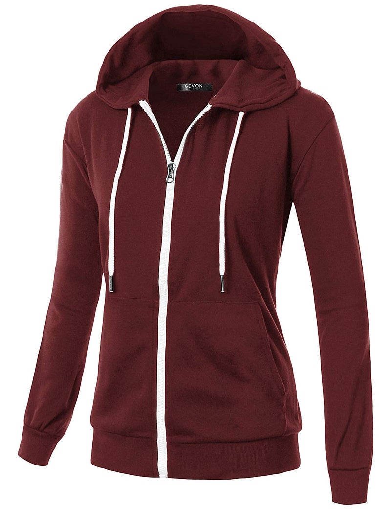 GIVON Women's Lightweight Zip Up Hoodie â€“ Long Sleeve Thin Casual Hooded Jacket, Plus DCF200-BURGUNDY-2XL - Image 1
